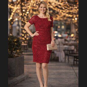 Perceptions NY Red Sequin Lace Sheath Dress M Cocktail Party Holiday Wedding EUC